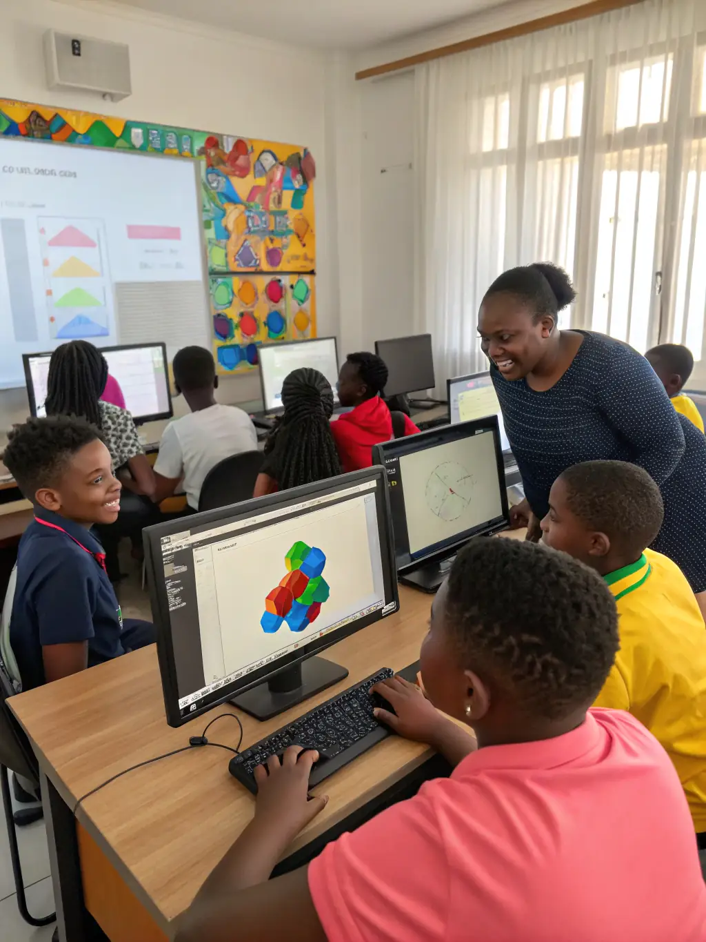 A diverse group of students enthusiastically coding together during a web development bootcamp session at CodeMaster UK, set in a modern, collaborative classroom environment.