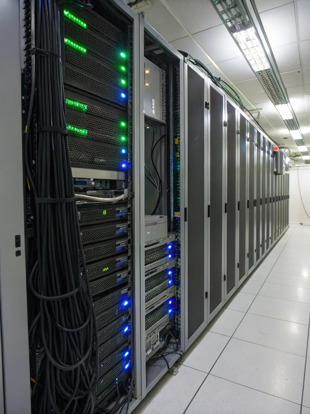 An image of a server rack with blinking lights, symbolizing the back-end development module of the Web Development Bootcamp at CodeMaster UK.