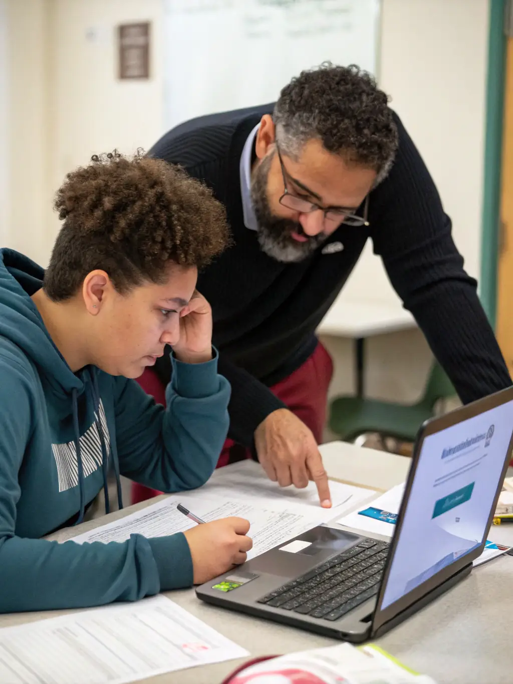 A mentor guiding a student through a coding challenge at CodeMaster UK, emphasizing the personalized support and guidance offered during the bootcamps.