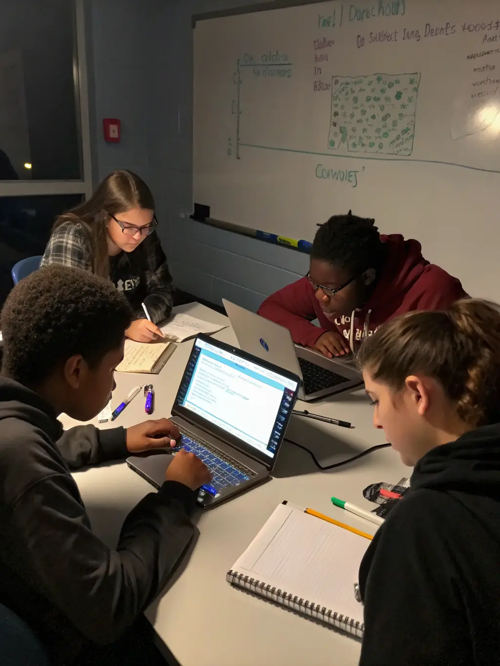 A group of students participating in a coding workshop, learning new programming techniques and collaborating on projects at Codemaster UK.